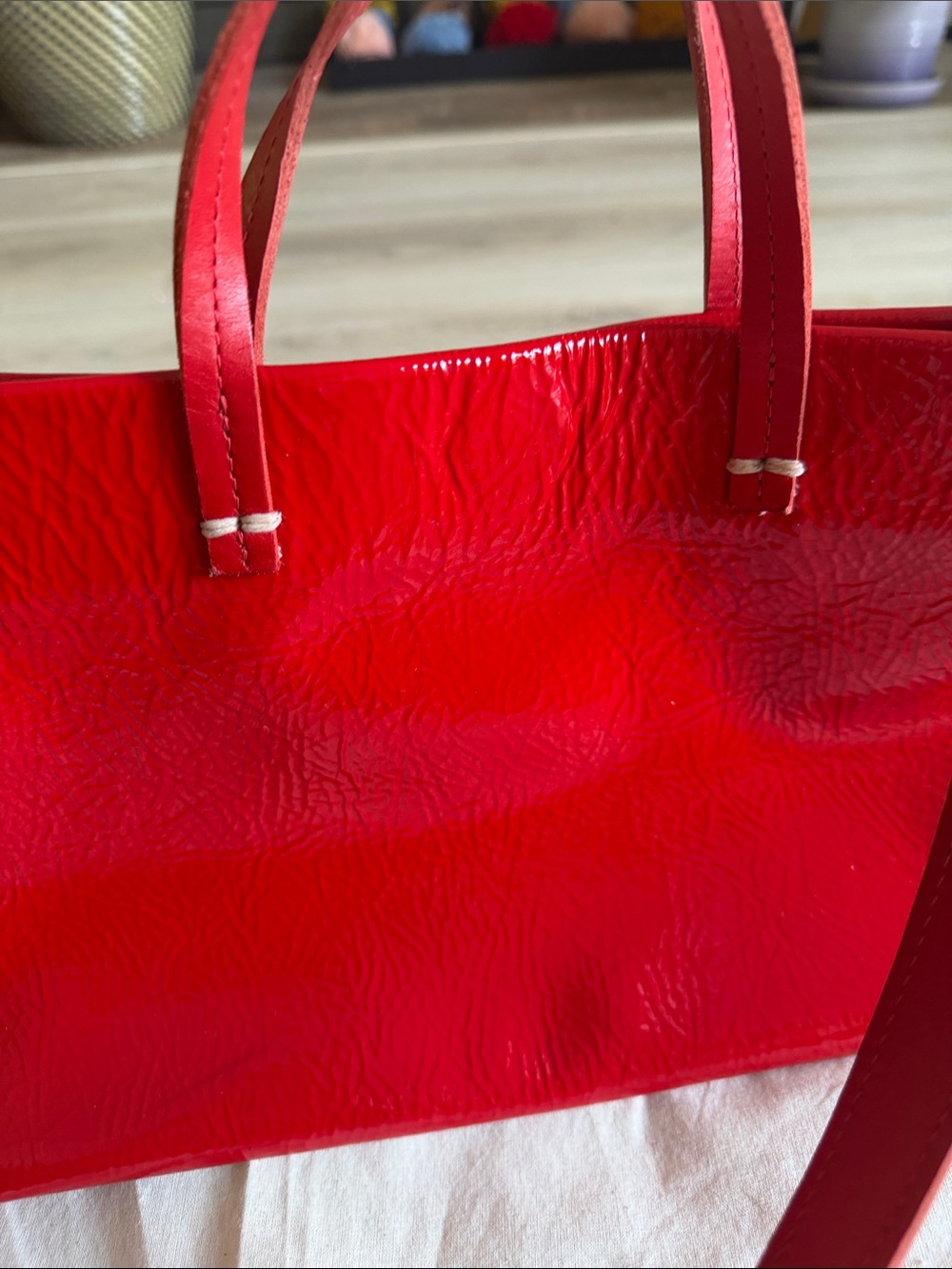 Clare V. Patent Leather Tote in Bright Red with Shoulder Strap - Picture 2 of 6